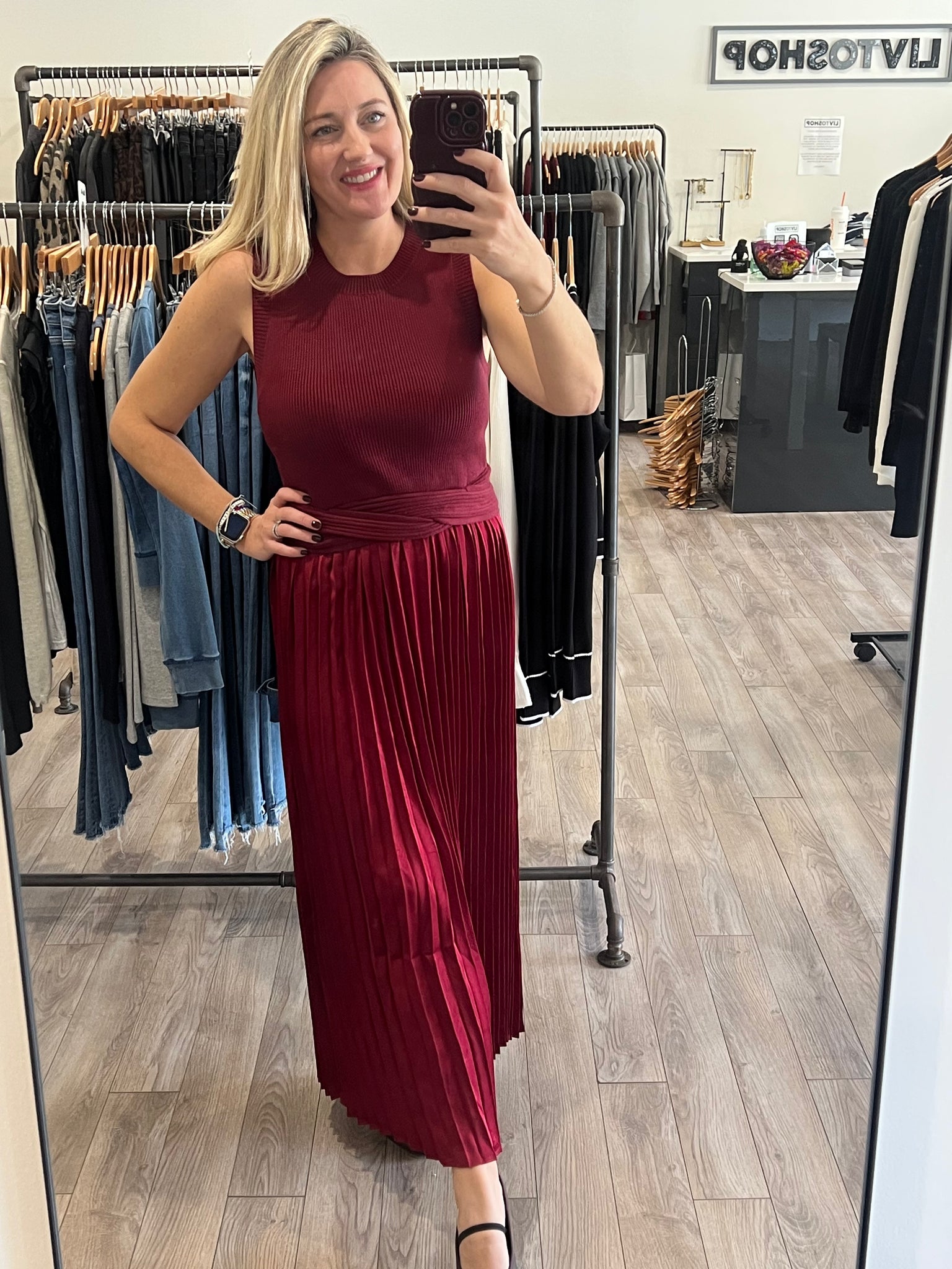 THML BURGUNDY SLEEVELESS MIXED MEDIA DRESS