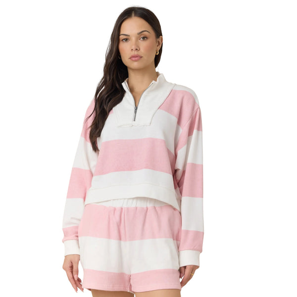 VINTAGE HAVANA STRIPED FRENCH TERRY HALF ZIP SWEATSHIRT SORBET PINK