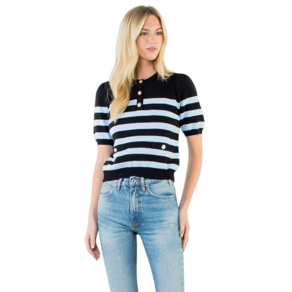 THML BLACK BLUE SHORT SLEEVE STRIPED TOP BUTTON DETAIL