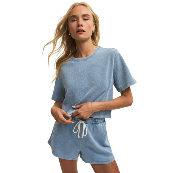 Z SUPPLY CURRAN KNIT DENIM CROPPED SWEATSHIRT OCEAN AIR INDIGO