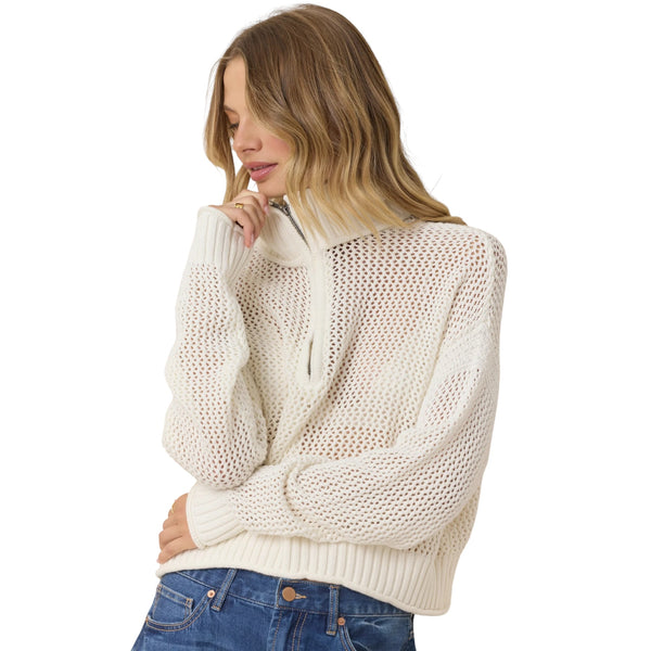 WHITE OPEN KNIT QUARTER ZIP SWEATER