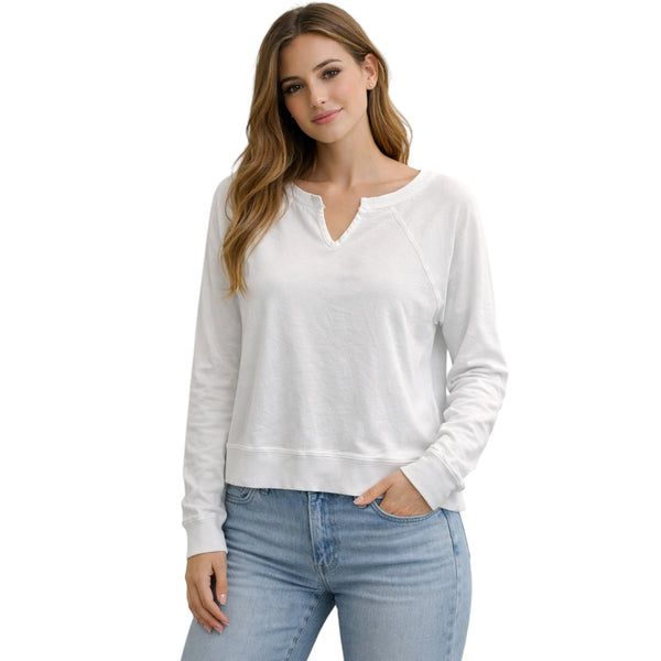 BOBI SPLIT NECK PULLOVER LONG SLEEVE WHITE