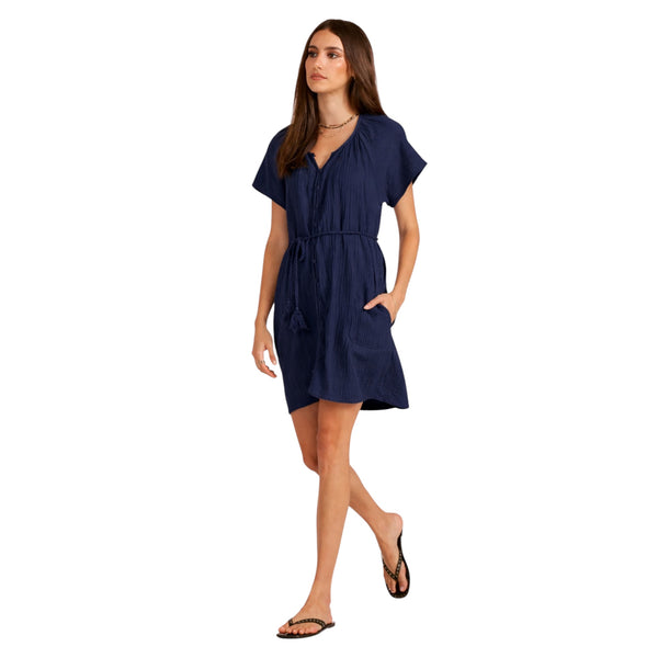 BOBI EDEN BUTTON FRONT BELTED MINI DRESS GALAXY BLUE