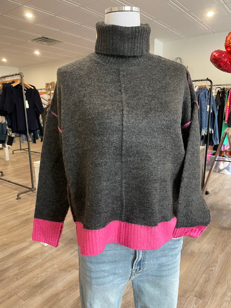 THEO & SPENCE CHARCOAL WITH PINK TURTLENECK SWEATER FINAL SALE