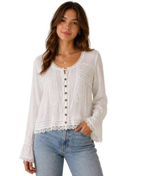 VINTAGE HAVANA WHITE LONG SLEEVE BLOUSE LACE DETAIL