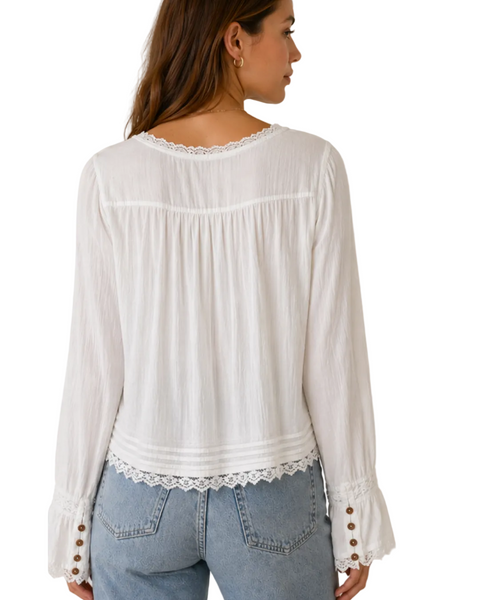 VINTAGE HAVANA WHITE LONG SLEEVE BLOUSE LACE DETAIL