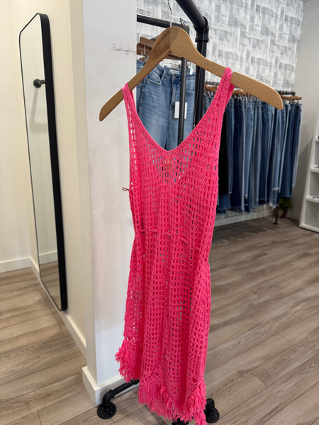 SURF GYPSY PINK CROCHET DRESS WITH FRINGE