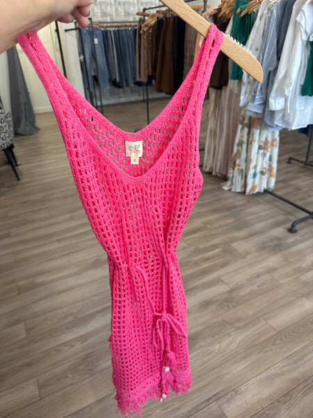 SURF GYPSY PINK CROCHET DRESS WITH FRINGE