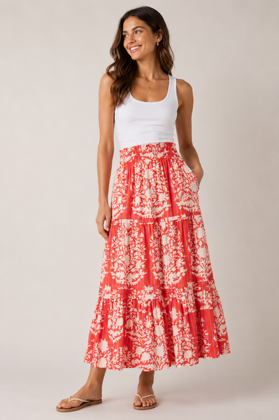 THML ORANGE RED PINK CREAM STRIPED FLORAL SKIRT