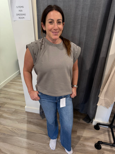 GREY SLEEVELESS TOP WITH METAL STUD DETAIL