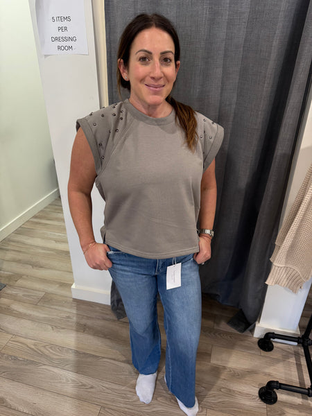 GREY SLEEVELESS TOP WITH METAL STUD DETAIL