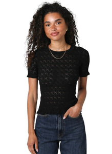 OLIVACEOUS CINDY RUFFLE OPEN KNIT TOP BLACK