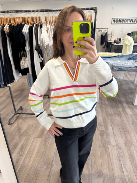 THML COLLARED V NECK STRIPED TOP