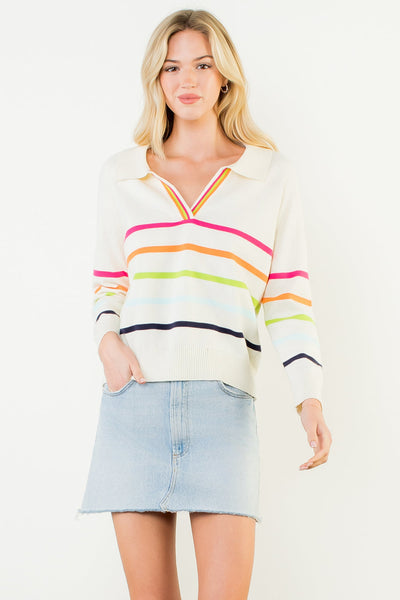 THML COLLARED V NECK STRIPED TOP