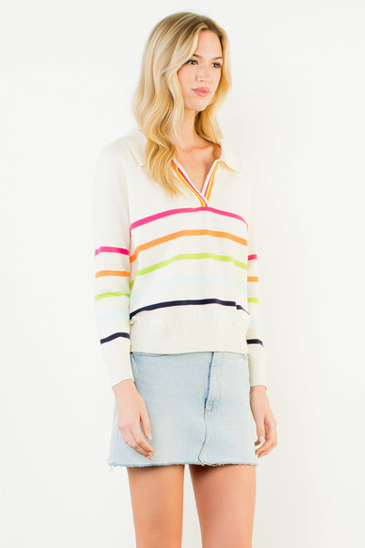 THML COLLARED V NECK STRIPED TOP