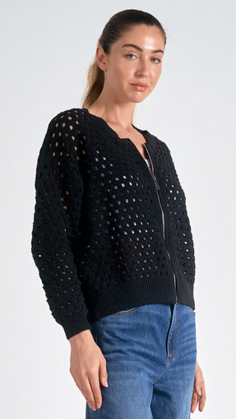 ELAN BLACK OPEN KNIT ZIP CARDIGAN SWEATER