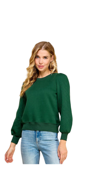HUNTER GREEN SWEATSHIRT WITH QUILTED PUFF SLEEVES