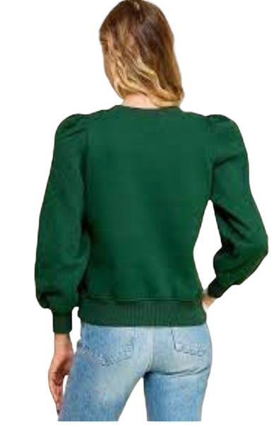 HUNTER GREEN SWEATSHIRT WITH QUILTED PUFF SLEEVES