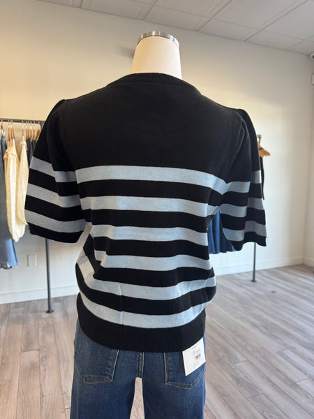 THML BLACK BLUE SHORT SLEEVE STRIPED TOP BUTTON DETAIL