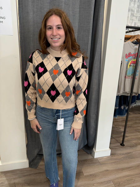 THML ARGYLE HEART PATTERN SWEATER