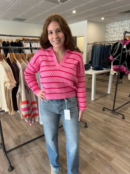 THML PINK STRIPED TEXTURED KNIT SWEATER