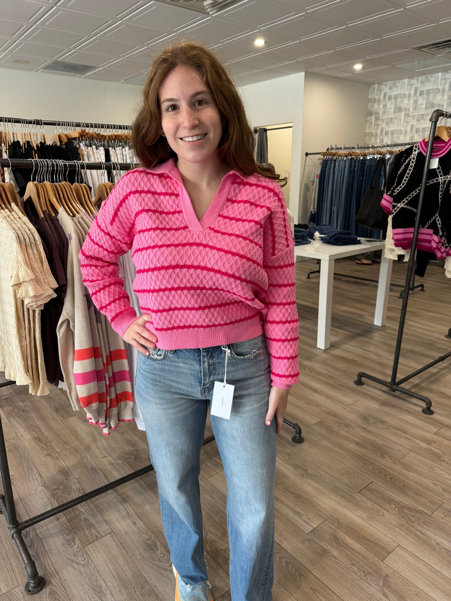 THML PINK STRIPED TEXTURED KNIT SWEATER