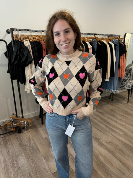 THML ARGYLE HEART PATTERN SWEATER