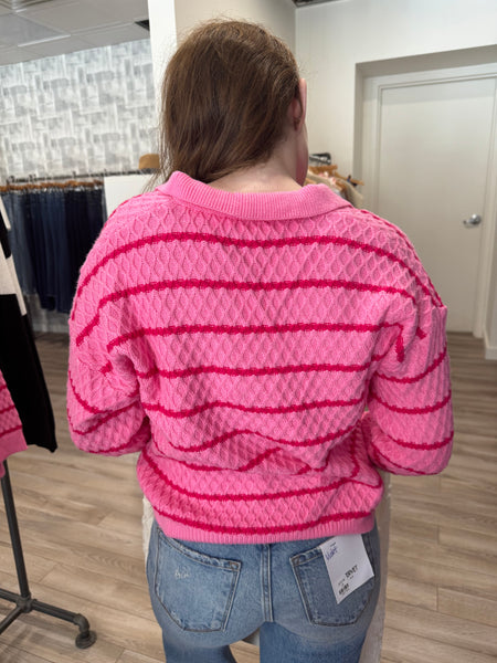 THML PINK STRIPED TEXTURED KNIT SWEATER