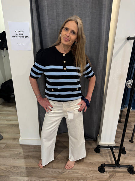 THML BLACK BLUE SHORT SLEEVE STRIPED TOP BUTTON DETAIL