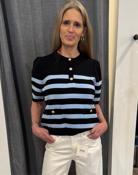 THML BLACK BLUE SHORT SLEEVE STRIPED TOP BUTTON DETAIL