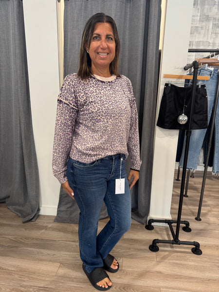 BEIGE PLUM ANIMAL PRINT CREW SWEATER