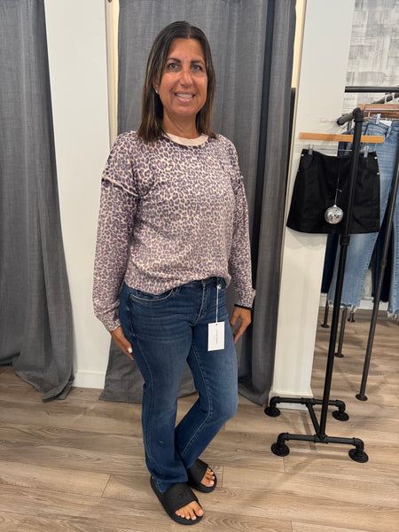 BEIGE PLUM ANIMAL PRINT CREW SWEATER