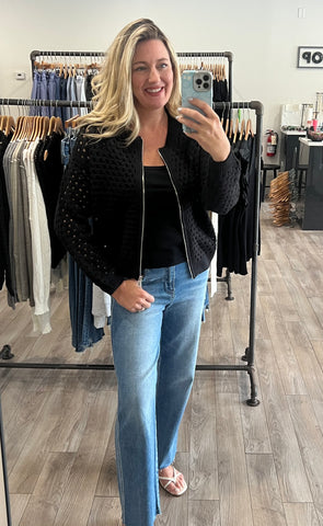 ELAN BLACK OPEN KNIT ZIP CARDIGAN SWEATER