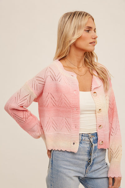 STRAWBERRY OMBRE FRONT BUTTON CLOSURE POINTELLECARDIGAN