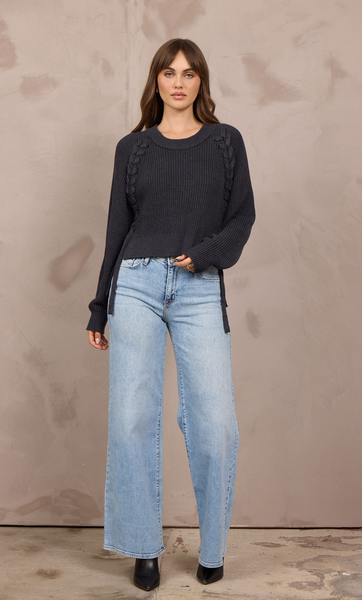 VINTAGE HAVANA CHARCOAL SWEATER WITH BRAIDED DETAIL