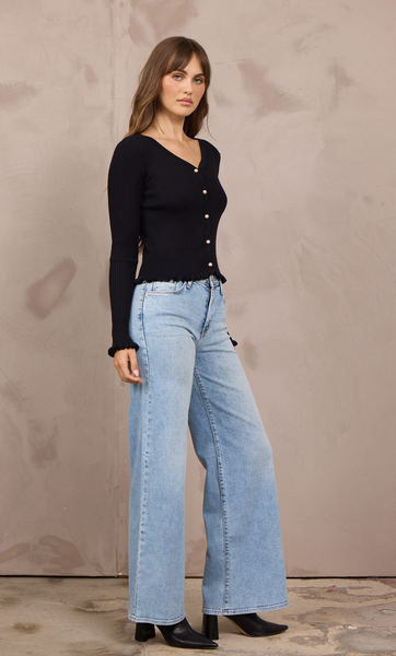 VINTAGE HAVANA BLACK RIB KNIT FITTED CARDIGAN