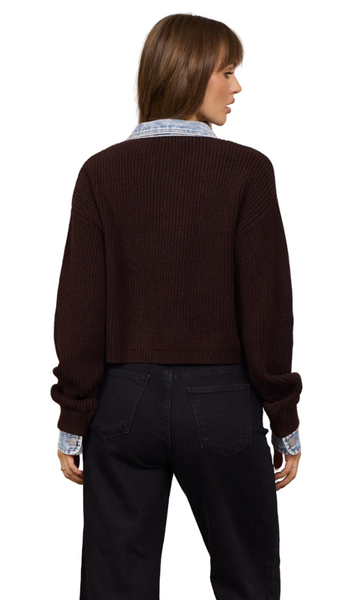 VINTAGE HAVANA CHOCOLATE BUTTON CARDIGAN WITH CONTRAST DENIM