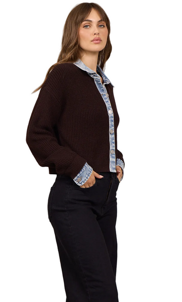 VINTAGE HAVANA CHOCOLATE BUTTON CARDIGAN WITH CONTRAST DENIM