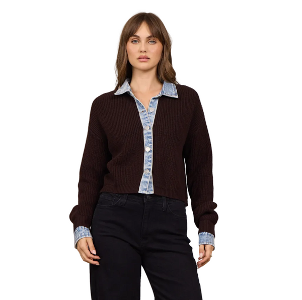 VINTAGE HAVANA CHOCOLATE BUTTON CARDIGAN WITH CONTRAST DENIM