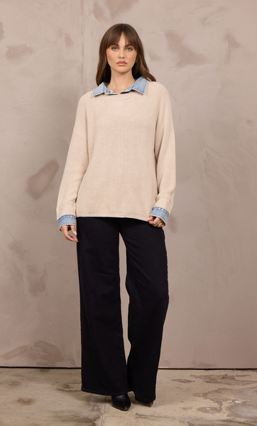 VINTAGE HAVANA TAUPE SWEATER WITH DENIM CONTRAST