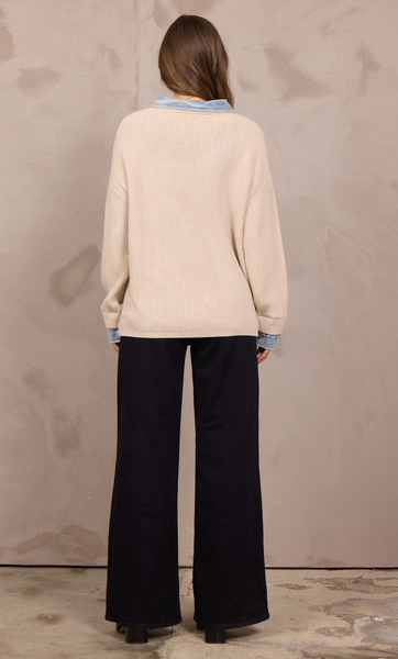 VINTAGE HAVANA TAUPE SWEATER WITH DENIM CONTRAST