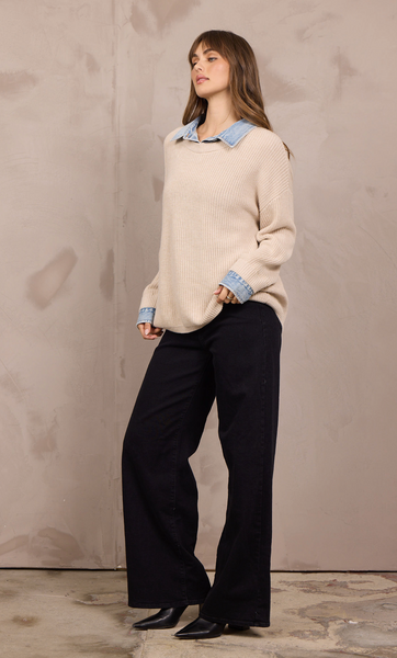 VINTAGE HAVANA TAUPE SWEATER WITH DENIM CONTRAST