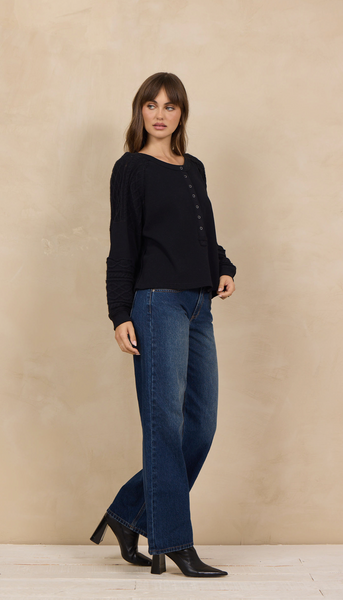 VINTAGE HAVANA BLACK WAFFLE CABLE KNIT HENLEY