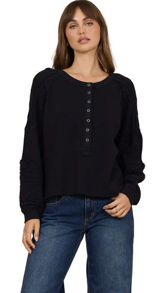 VINTAGE HAVANA BLACK WAFFLE CABLE KNIT HENLEY