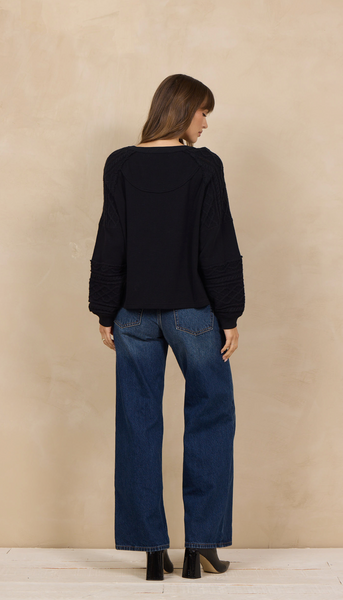 VINTAGE HAVANA BLACK WAFFLE CABLE KNIT HENLEY