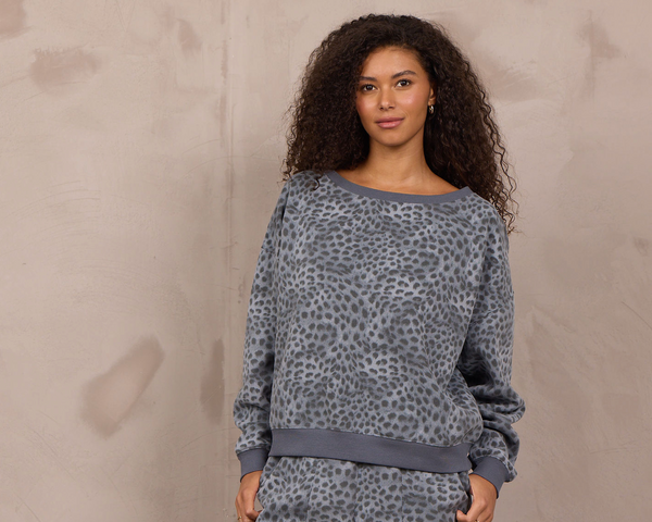 VINTAGE HAVANA WASHED CHARCOAL LEOPARD FLEECE OFF SHOULDER TOP