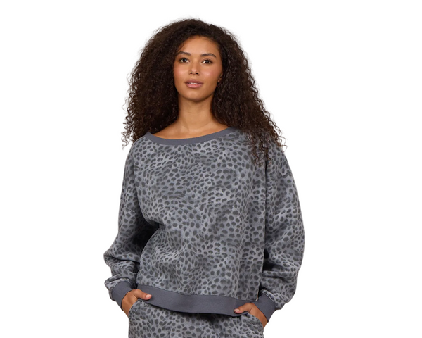 VINTAGE HAVANA WASHED CHARCOAL LEOPARD FLEECE OFF SHOULDER TOP