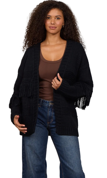VINTAGE HAVANA BLACK FRINGE CABLE KNIT CARDIGAN