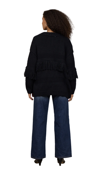 VINTAGE HAVANA BLACK FRINGE CABLE KNIT CARDIGAN