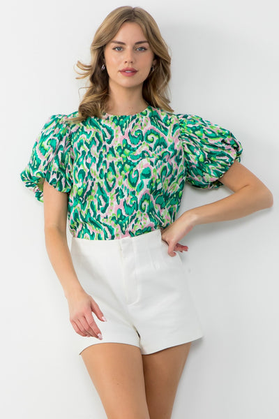 THML GREEN PUFF SLEEVE TOP